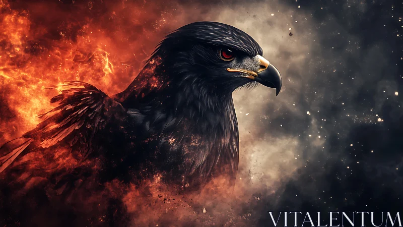 Fiery black eagle portrait against smoke and embers backdrop