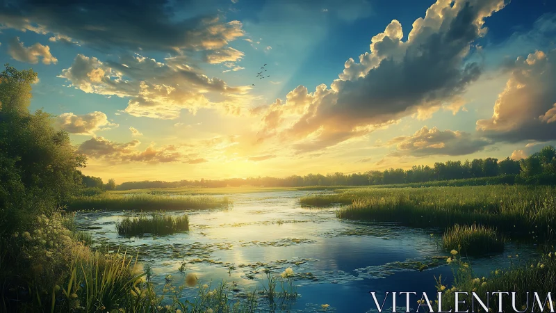 Sunlit wetland river under dramatic golden clouds at dusk