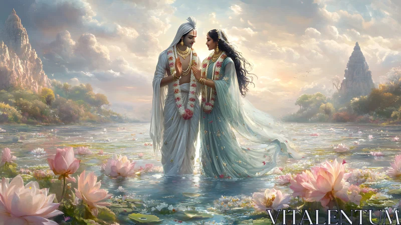 Two Figures in Ornate Attire Standing Among Water Lilies.