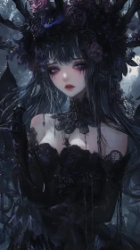 Gothic female figure with dark floral headdress in forest.