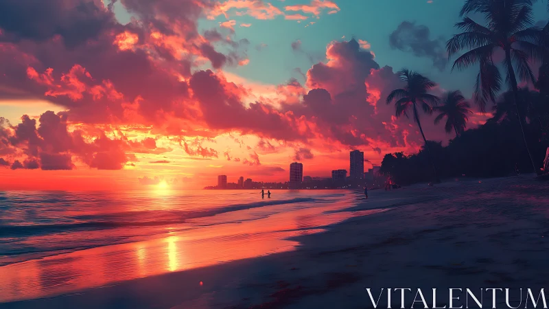 Neon dusk tide kissing a palm-shadowed city shoreline.