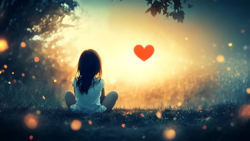 Child sits in sunlit field, luminous heart floating above