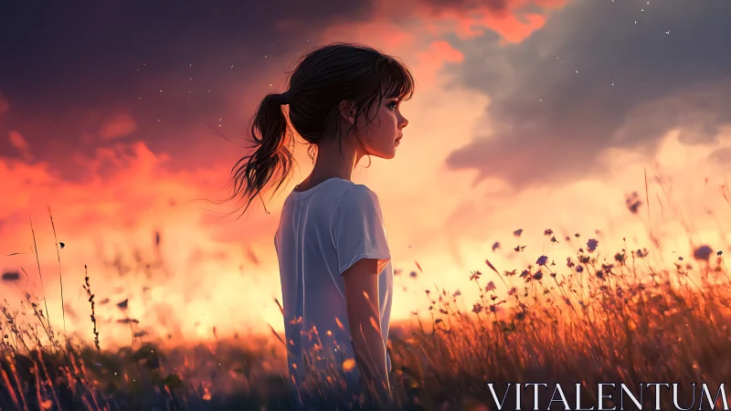 Girl stands in sunset field while clouds glow behind her