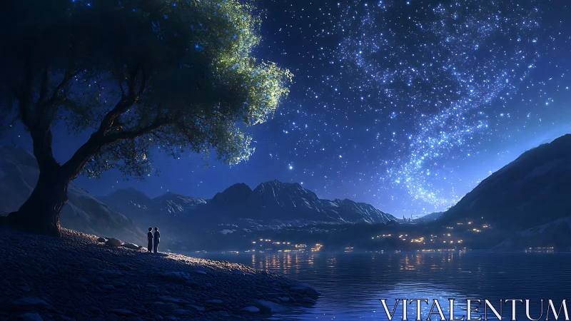 Two figures stand by a lake under a dense star field