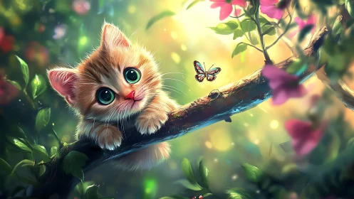 Luminous Feline Portrait with Cerulean Eyes and Architectural Foliage Composition