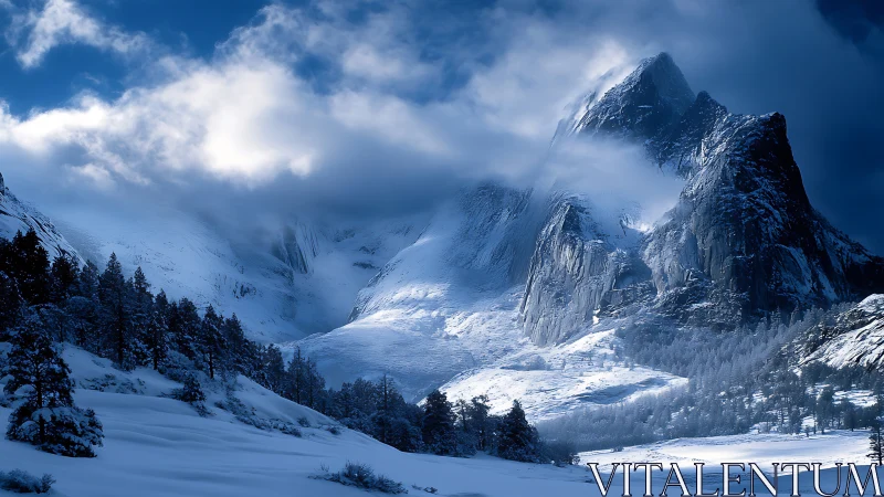 Photorealistic alpine massif in winter atmospheric perspective.