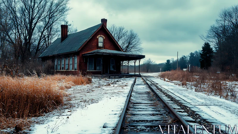 Winter-quiet railway station waits beneath brooding clouds.