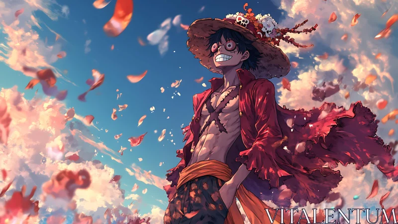 Straw hat anime character stands smiling in windy sunset sky