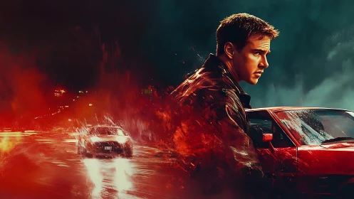 Brooding driver stands by red car in neon-soaked night storm