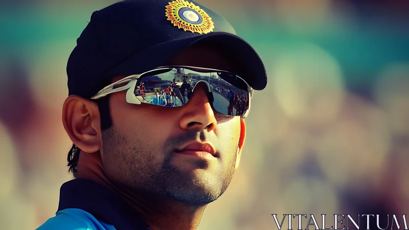 Cricket captain in mirrored shades, stadium dreams burn bright.