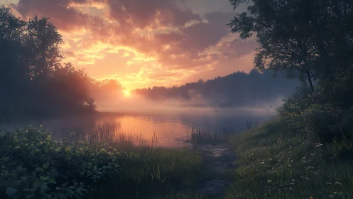 Sunlit mist lies over a calm lake bordered by dense trees