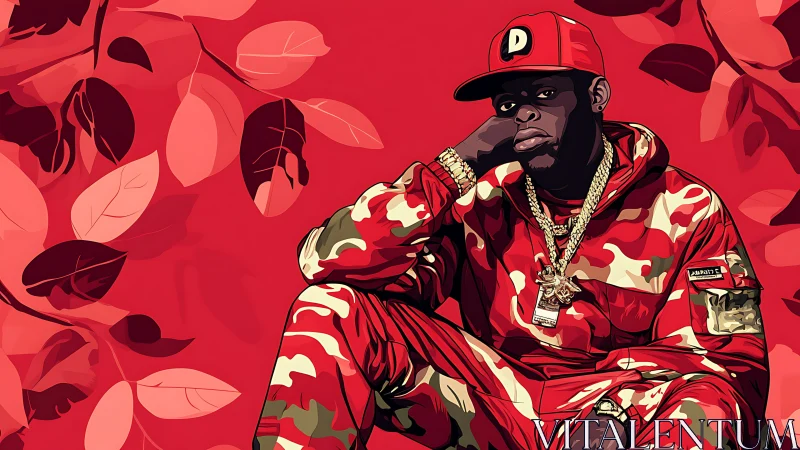 Red camo-clad rapper rests against bold graphic foliage backdrop.
