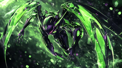 Neon cyber mech dives through glowing green vortex storm.