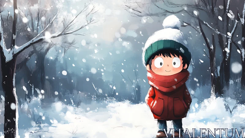 Child in red coat standing in snowy winter forest scene.