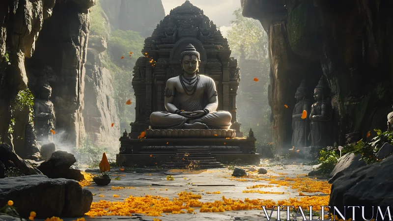 Stone Buddha statue in forest shrine with falling petals.