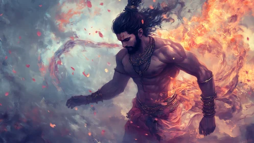 Mythic warrior strides through swirling fire and ash