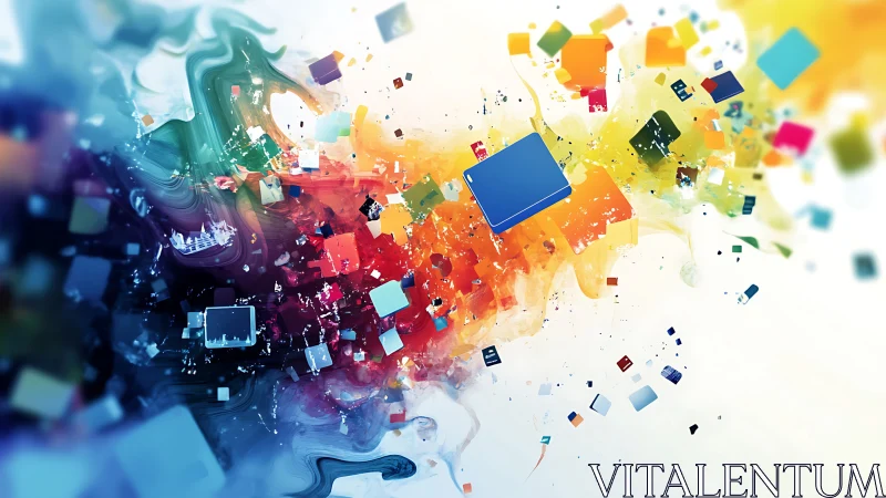 Digital data blocks exploding through fluid chromatic waves.