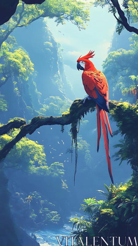 Scarlet macaw resting above a misty jungle river.