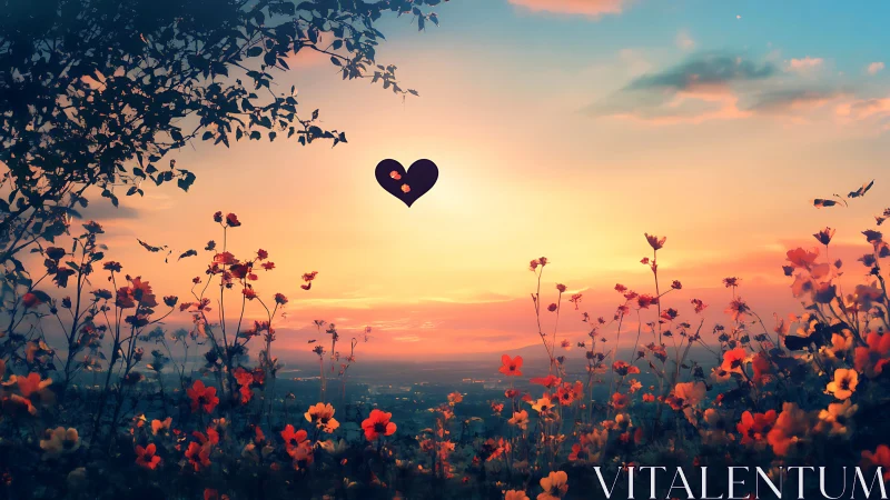 Black Heart Over Sunset Flower Field.