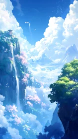 Vertical aerial vista of cloud-sheathed waterfalls and shrine summit.