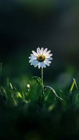Solitary daisy illuminated in dewy twilight meadow.
