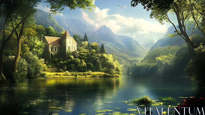 Lakeside neo-gothic villa amid sunlit alpine forest basin