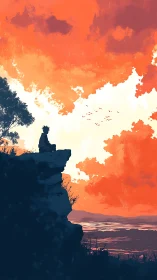 Solitary silhouette overlooking dramatic crimson seascape.