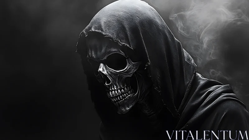 Hooded skeletal figure in misty shadow, eerie yet intriguing.