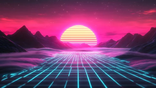 Neon grid valley under striped synthetic sun at magenta dusk