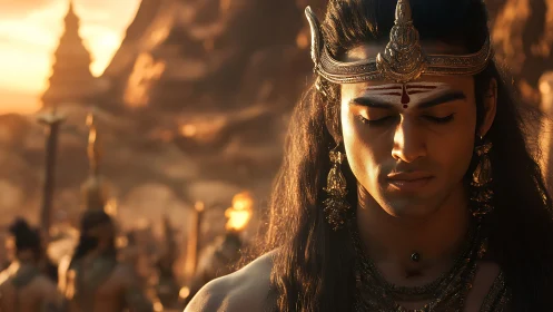 Regal warrior prince in golden hour temple battlefield setting.