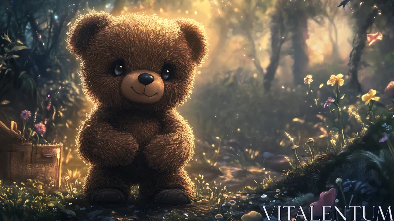 Digital painting of plush teddy bear in luminous forest glade.