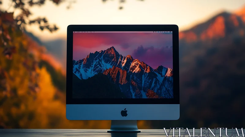 Desktop monitor showcases vivid mountain sunset wallpaper.