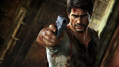 Rendered male gunman extending pistol toward viewer plane.