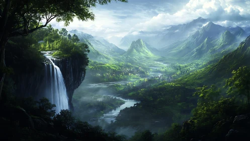Lush mountain valley stretches below towering cliff waterfall