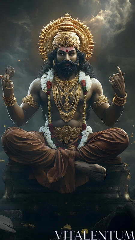 Digital deity figure sits cross-legged with ornate regalia