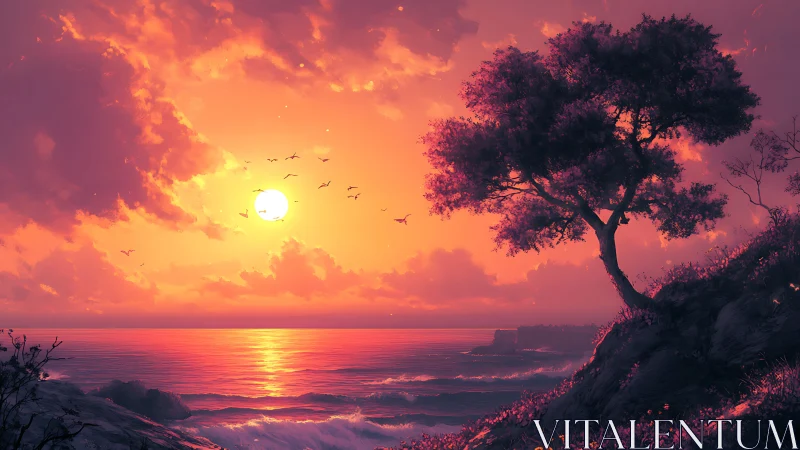 Golden seaside sunset with a quiet tree and gentle waves.