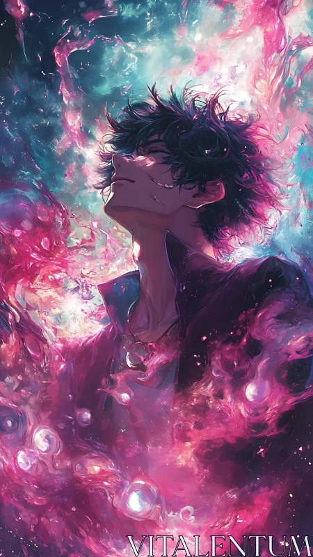 Stargazer wrapped in swirling cosmic neon dreams.