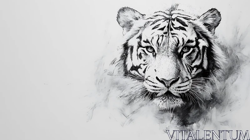 Monochrome Ink Tiger Portrait with Dynamic Negative Space.