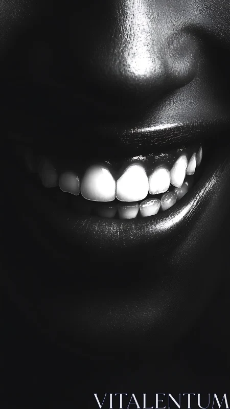 High contrast macro photograph isolates smile and facial texture