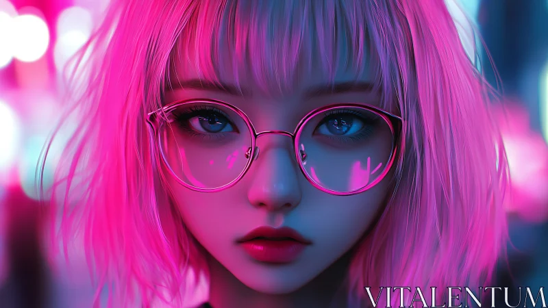 Neon pink-haired girl with glasses in electric city glow.