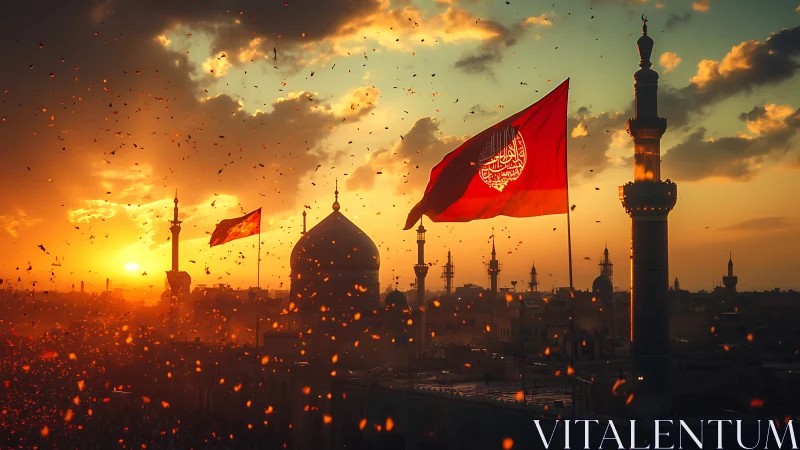 Sunlit shrine skyline with glowing embers and red flags.