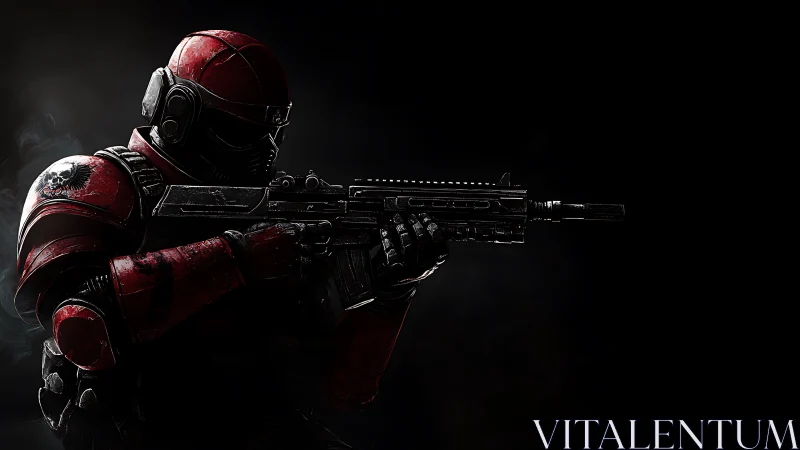 Stoic red space trooper poised on a dark, silent frontier.