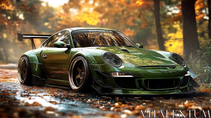 Widebody green sports car rendered in hyperreal autumn light
