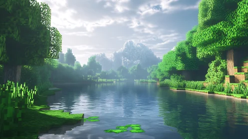Peaceful Minecraft Paradise: Lush Forest Meets Tranquil Waters.