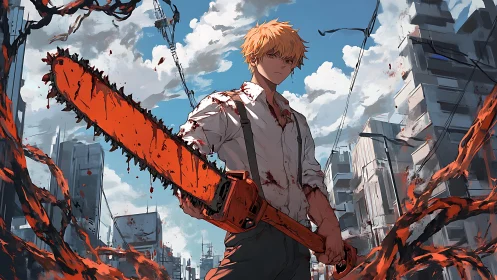 Ragged chainsaw hero carves bloody light through the city