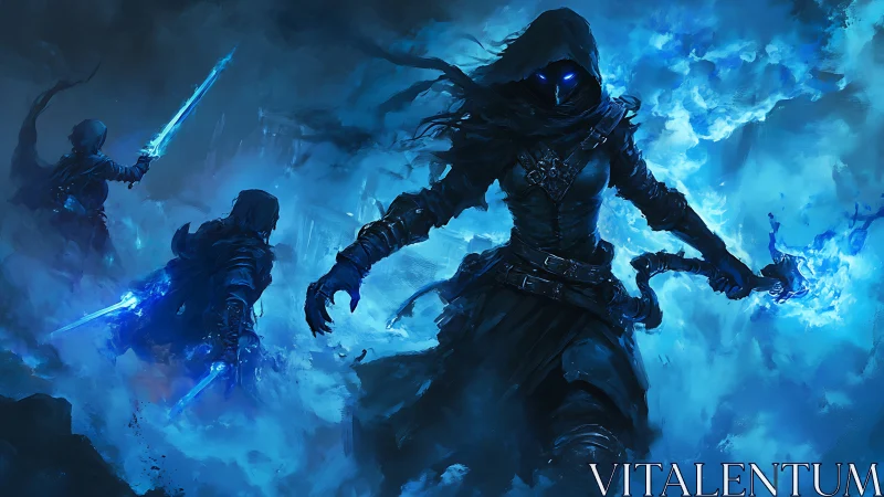 Midnight spellblade vanguard strides through storming blue fire.