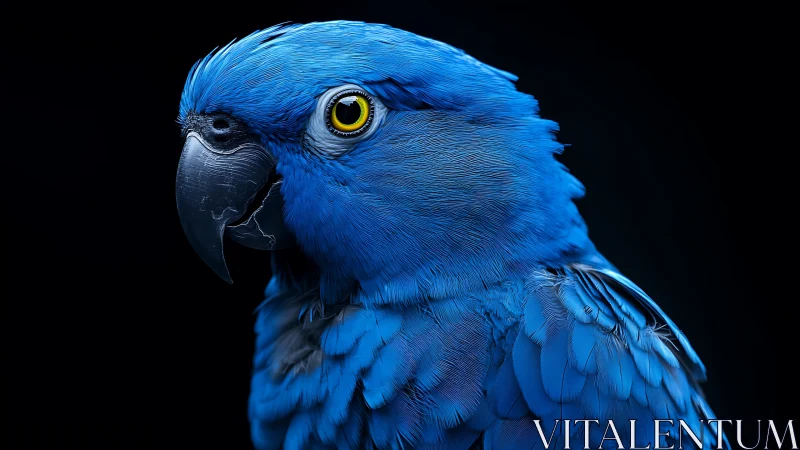 Striking Blue Parrot Portrait with Detailed Feathers on Black Background.