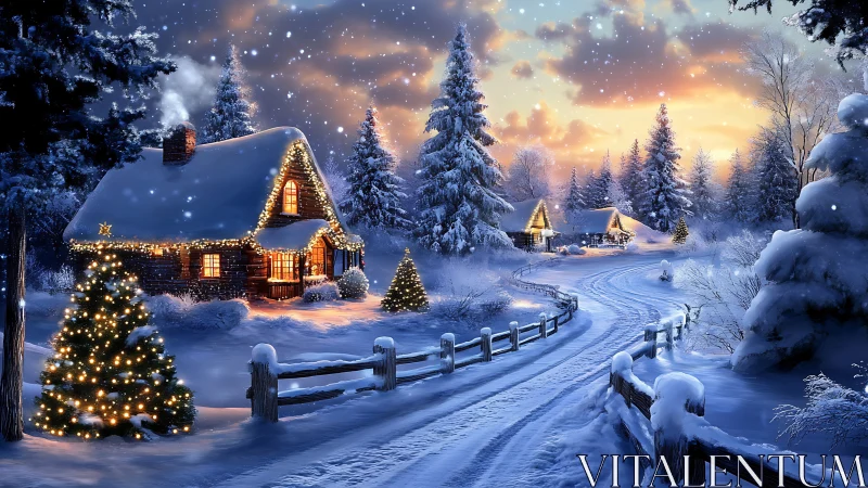 Digital painting of illuminated winter cabins along snowy lane.