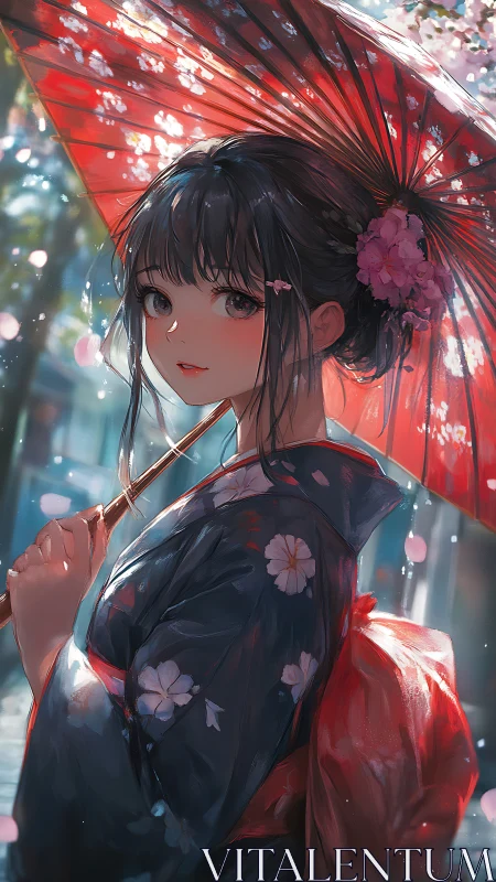Gentle spring stroll with a smiling girl beneath red umbrella.