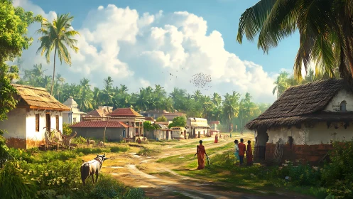 Rural village street with palm trees, houses, and residents.